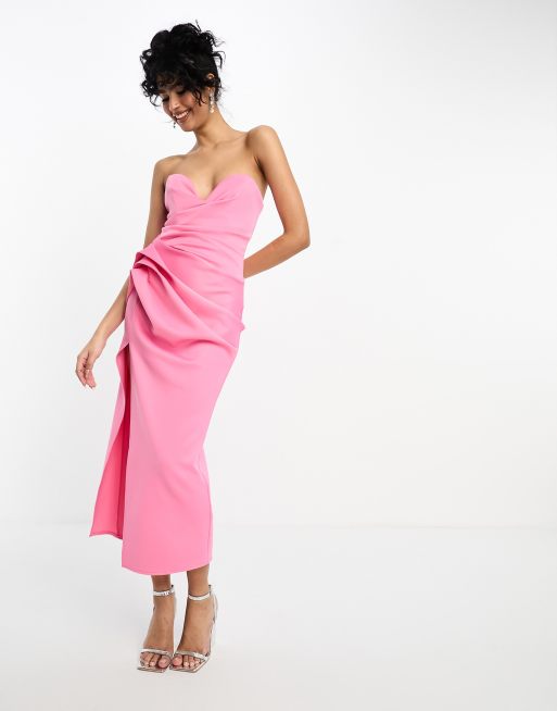 ASOS Design Satin Bandeau Midi Dress with Cowl Back in Hot Pink