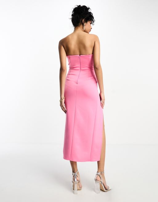 ASOS Design Satin Bandeau Midi Dress with Cowl Back in Hot Pink