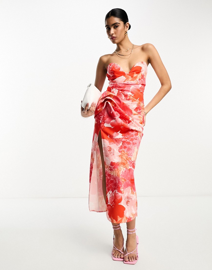 ASOS DESIGN bandeau hitched hip midi dress in pink floral-Multi