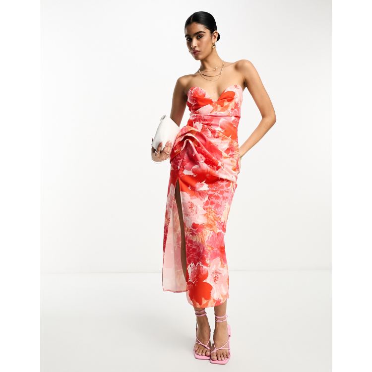 Asos salon rose print bandeau midi hot sale prom dress