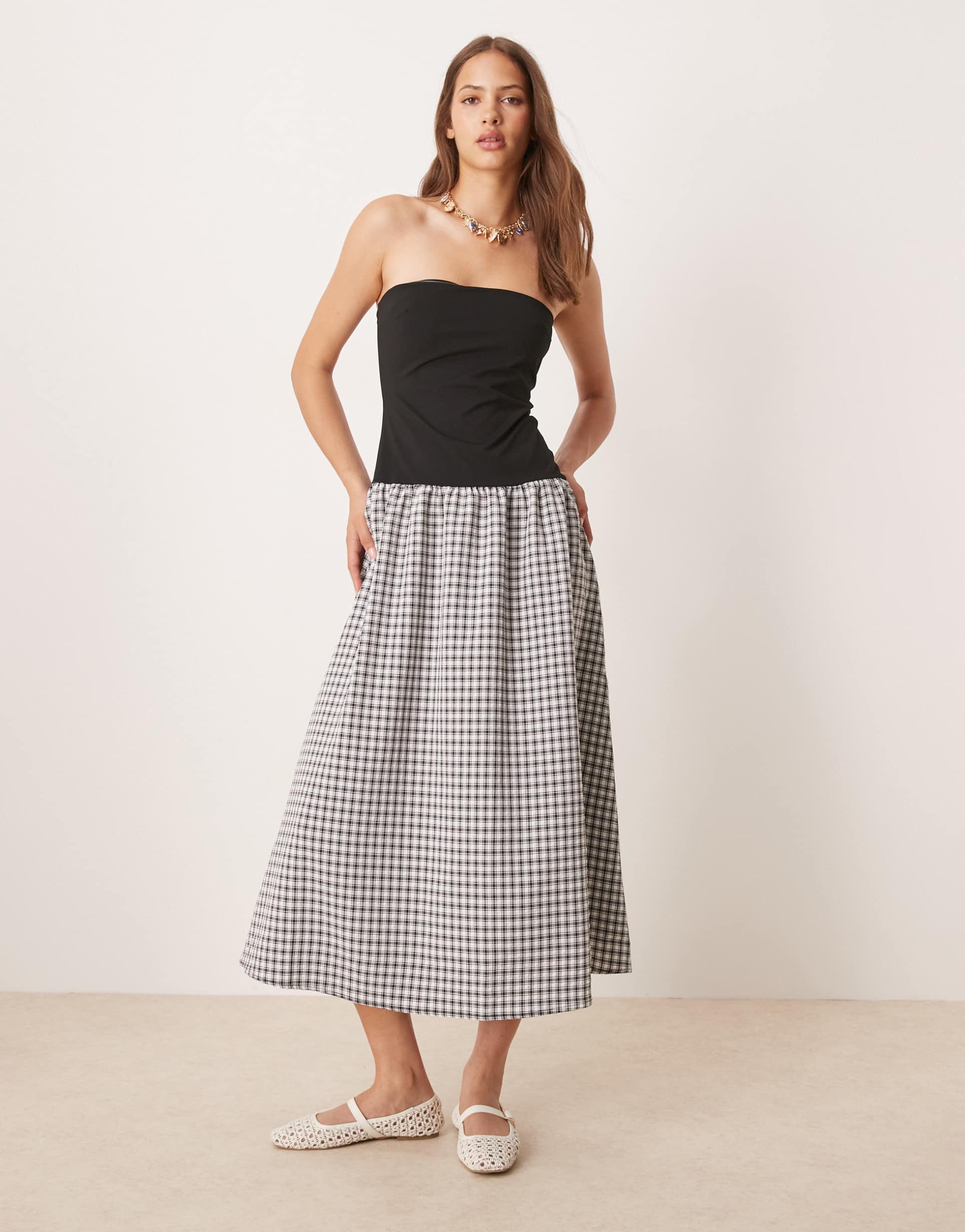 asos design bandeau hybrid maxi dress with gingham mono print