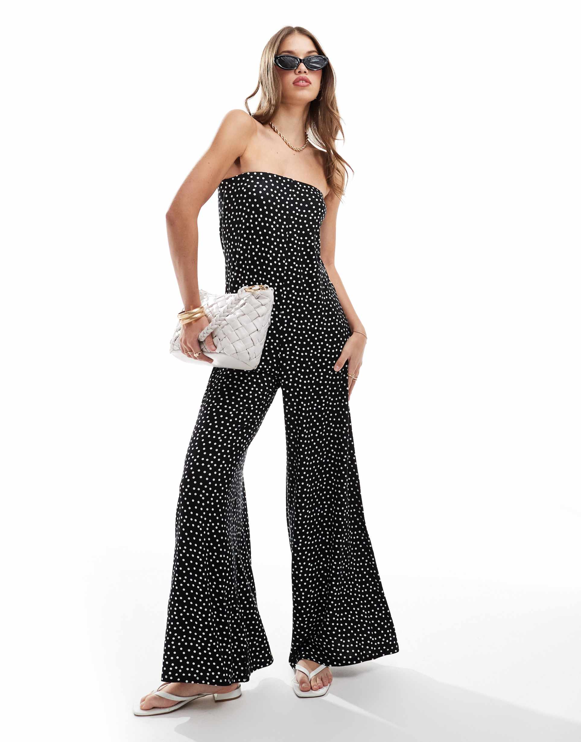 asos design bandeau jumpsuit in mono spot print