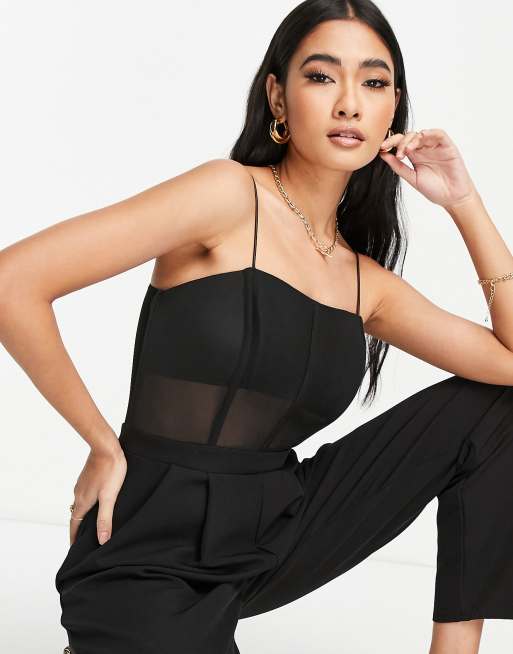 riem Alvast breken ASOS DESIGN – Bandeau-Jumpsuit in Schwarz mit Netzstoffeinsatz und  Korsettdetail | ASOS