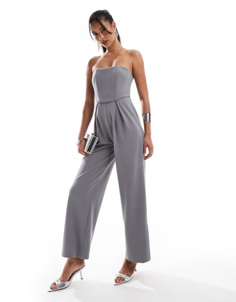 ASOS DESIGN - Bandeau-jumpsuit med korsetdetaljer og ben med vidde i røggrå - view 1