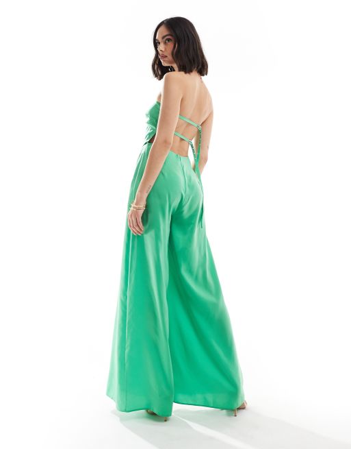 ASOS DESIGN - Bandeau-jumpsuit med tørklædedesign og spændedetaljer i lysegrønt satin
