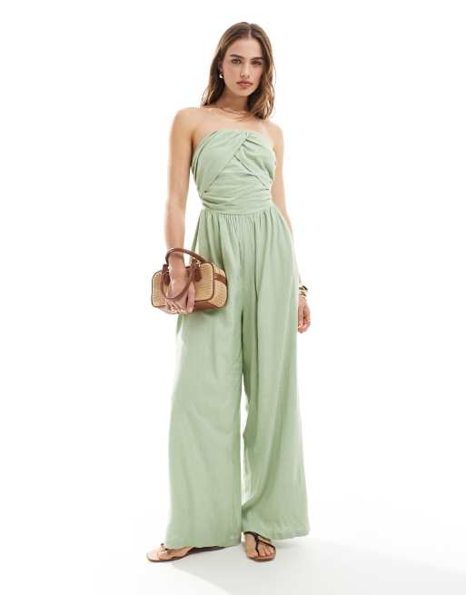 ASOS DESIGN - Bandeau-jumpsuit met rimpeleffect in saliegroen
