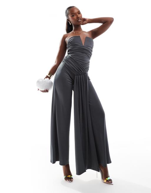 ASOS DESIGN - Bandeau-jumpsuit met wijde pijpen en strikdetail in grijs