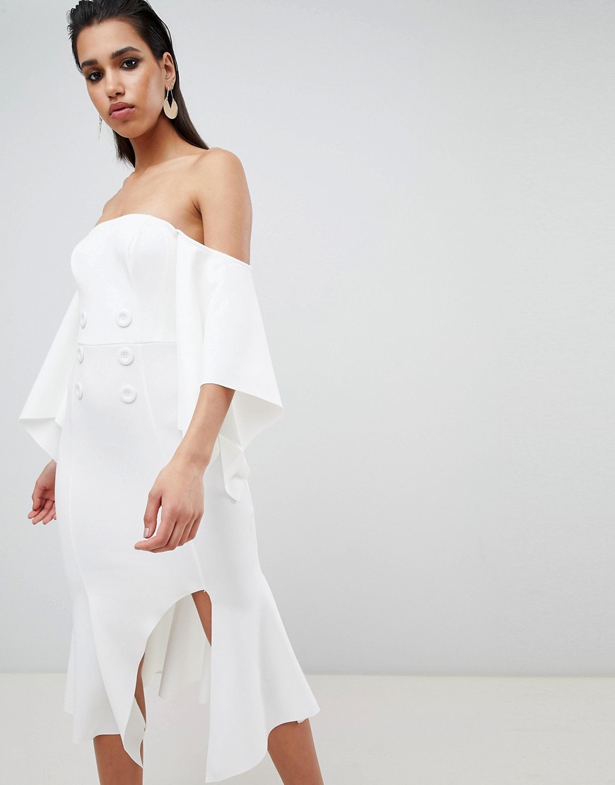 ASOS DESIGN bandeau kimono sleeve midi dress with tux button detail-White