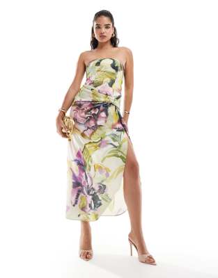 asos design bandeau knot skirt midaxi dress in purple floral print