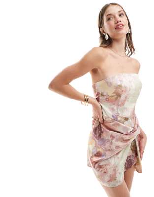 Asos Design Bandeau Knot Skirt Mini Dress In Floral Print-multi