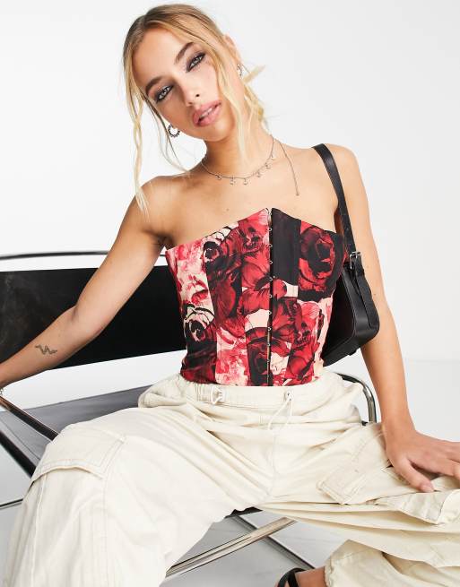ASOS DESIGN - Bandeau-korset med hægter i rødt roseprint