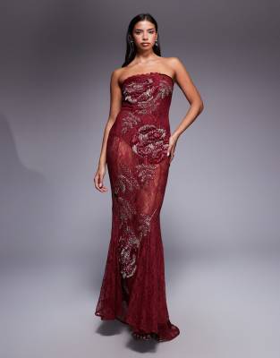 Asos Design Bandeau Lace Embellished Maxi Dress With Corset Detailing And Fishtail Skirt In Red