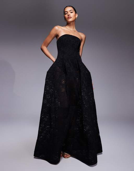 ASOS DESIGN bandeau lace full skirt midi dress in black
