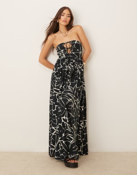 ASOS DESIGN bandeau lace up maxi beach dress with linen in mono floral - view 1