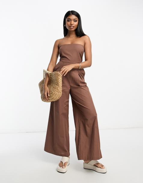 ASOS DESIGN tailored strapless bustier jumpsuit with wide leg in check