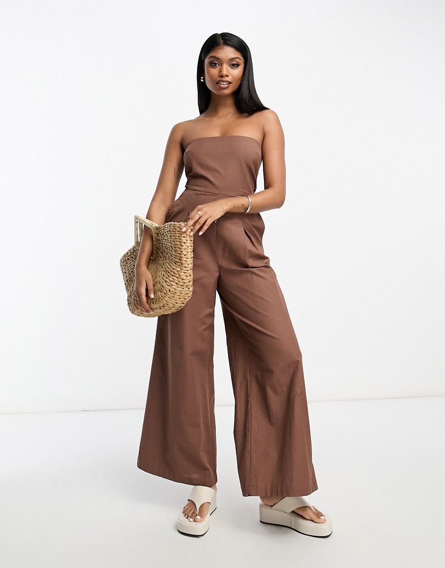 ASOS DESIGN bandeau linen look jumpsuit with detachable straps in brown-Red