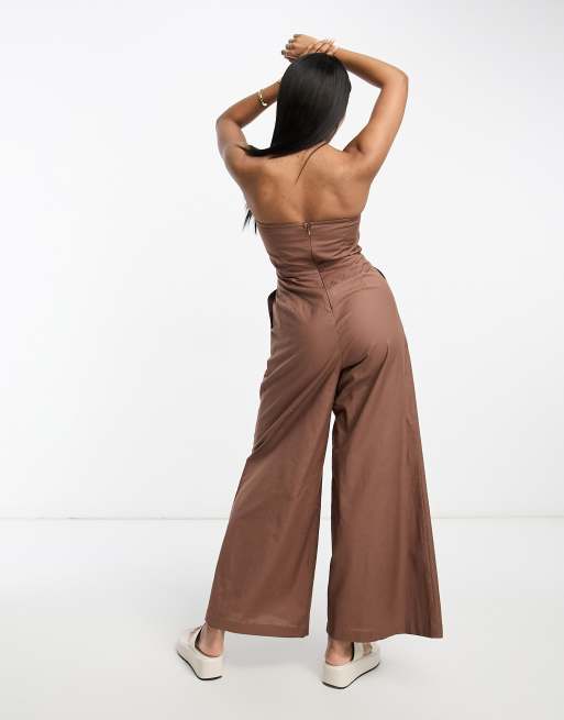 ASOS DESIGN bandeau linen look jumpsuit with detachable straps in brown, 4 of 4