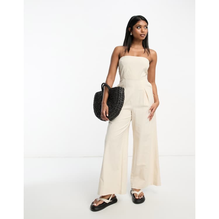 ASOS DESIGN bandeau linen look jumpsuit with detachable straps in oatmeal