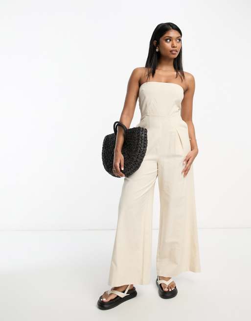 ASOS DESIGN bandeau linen look jumpsuit with detachable straps in oatmeal