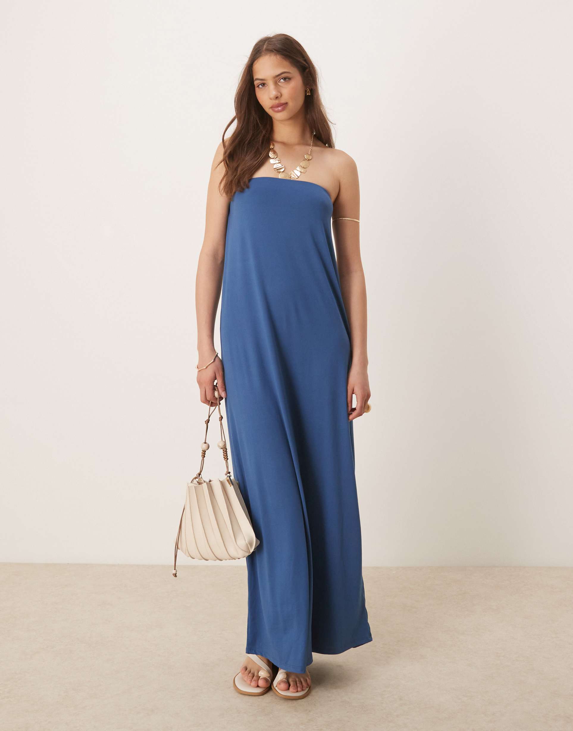 asos design bandeau maxi dress in denim blue