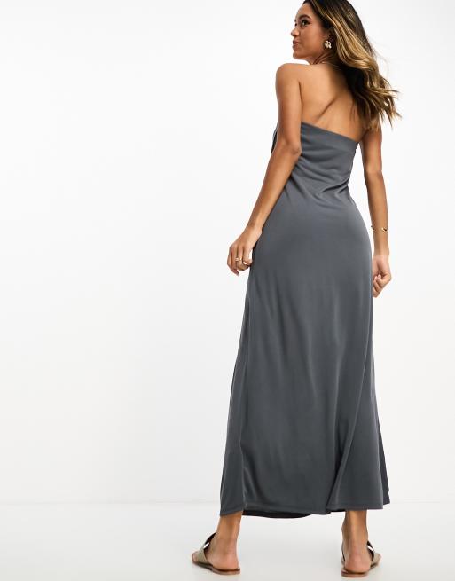 ASOS DESIGN satin bandeau midi dress with cowl back in navy