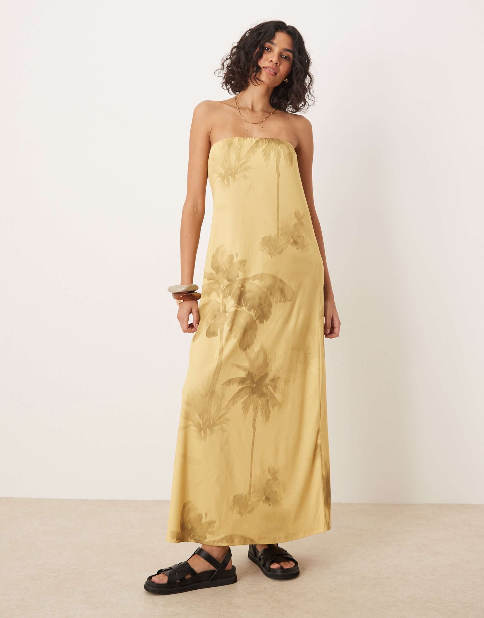 asos design bandeau maxi dress in green palm print