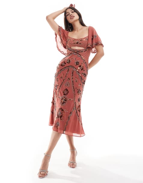 ASOS DESIGN bandeau maxi dress with asymmetric ruffle hem in lilac abstract floral print - view 1