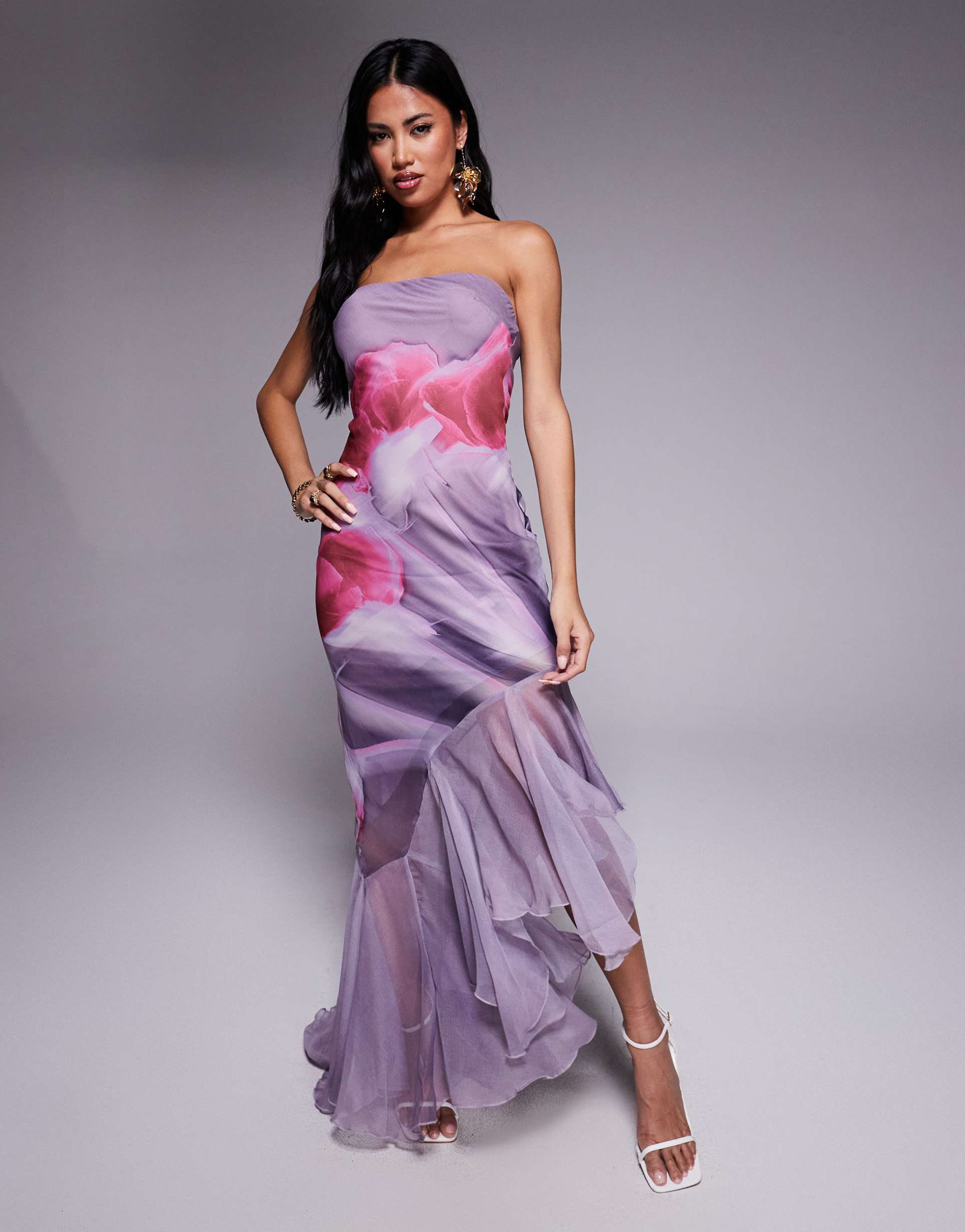 asos design bandeau maxi dress with asymmetric ruffle hem in lilac abstract floral print