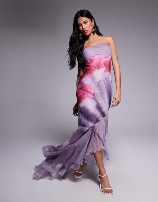 ASOS DESIGN bandeau maxi dress with asymmetric ruffle hem in lilac abstract floral print