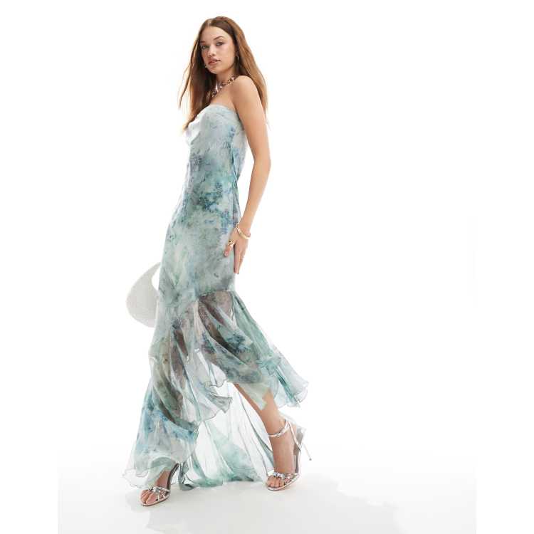 ASOS DESIGN bandeau maxi dress with asymmetric ruffle hem in marble print |  ASOS