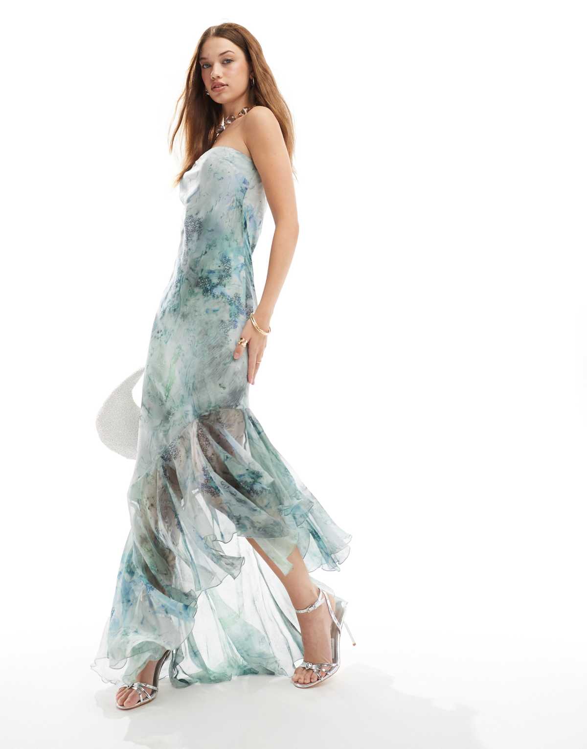 ASOS DESIGN bandeau maxi dress with asymmetric ruffle hem in marble print