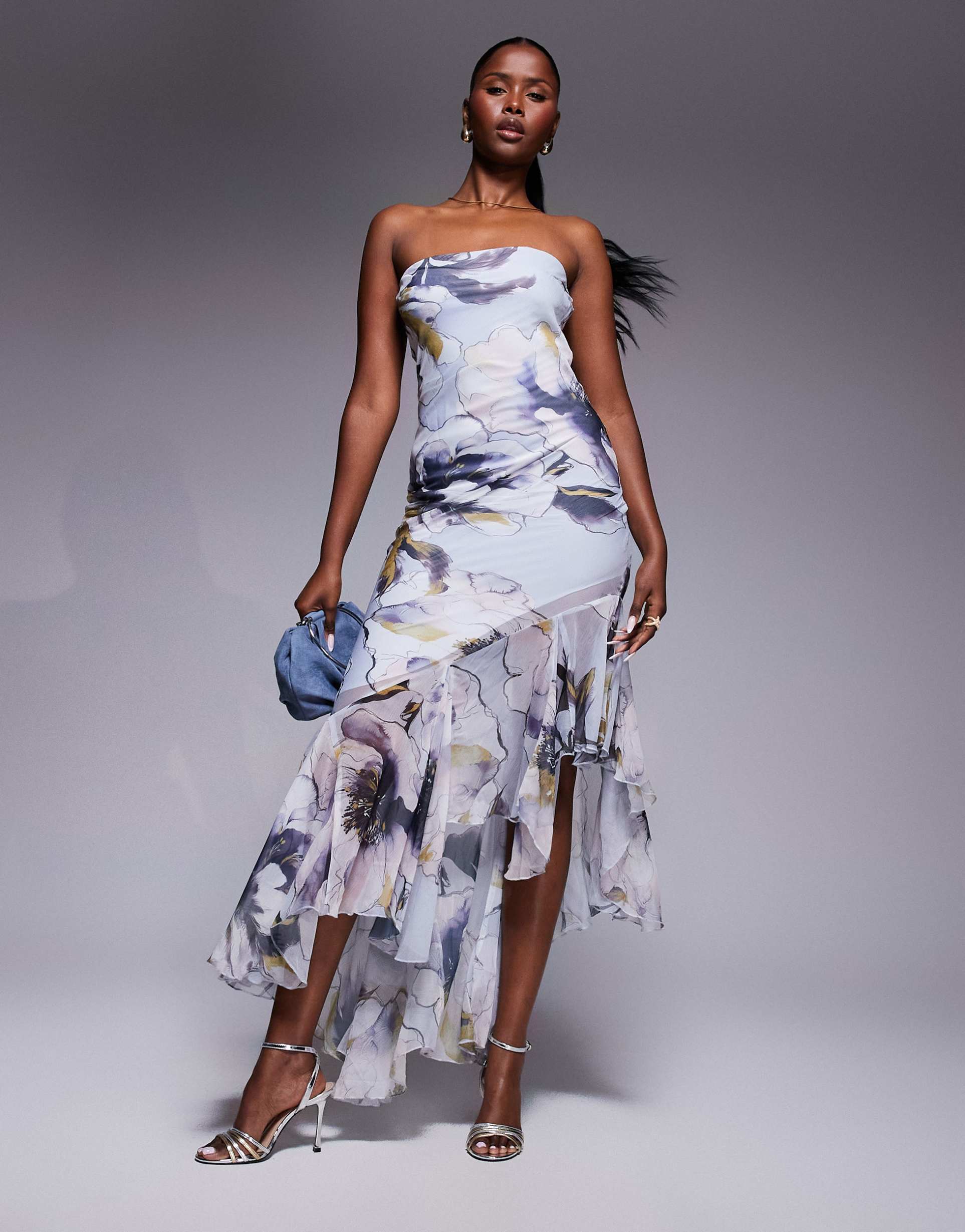 asos design bandeau maxi dress with asymmetric ruffle hem in oversized tonal floral print