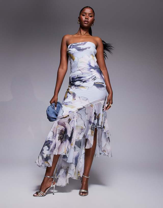 ASOS DESIGN bandeau maxi dress with asymmetric ruffle hem in oversized tonal floral print