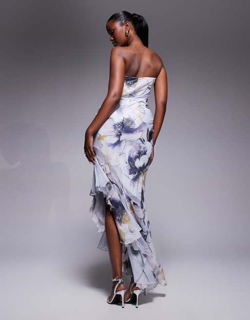ASOS DESIGN bandeau maxi dress with asymmetric ruffle hem in oversized tonal floral print