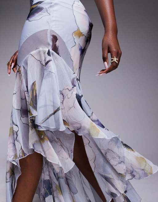 ASOS DESIGN bandeau maxi dress with asymmetric ruffle hem in oversized tonal floral print