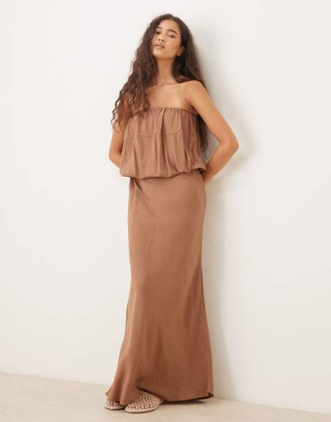 ASOS DESIGN bandeau maxi dress with bubble bodice in brown - view 1