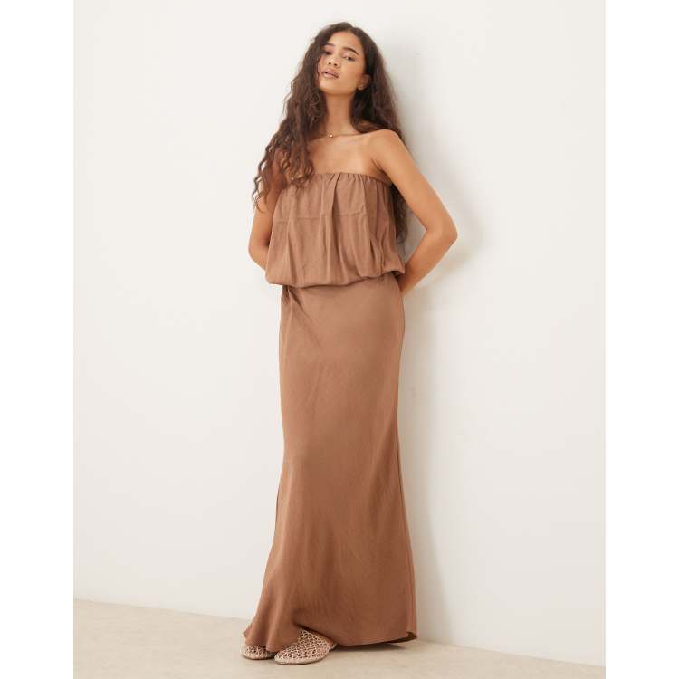ASOS DESIGN bandeau maxi dress with bubble bodice in brown