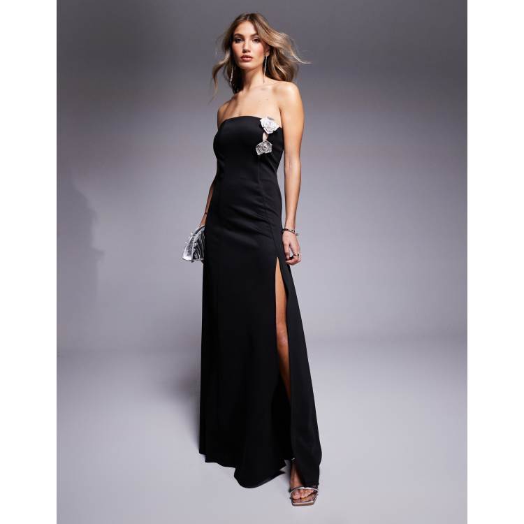 ASOS DESIGN bandeau maxi dress with diamante corsage detail and high split  in black in scuba-style fabric | ASOS