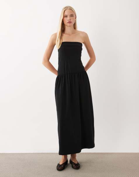 ASOS DESIGN bandeau maxi dress with dropped asymmetric hem in black - view 1