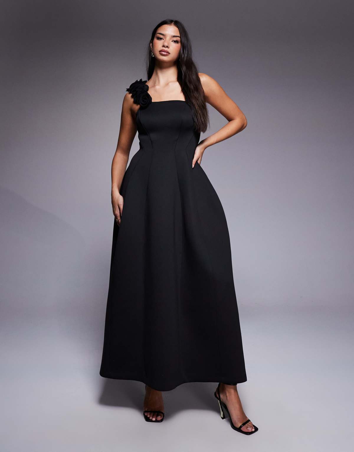 ASOS DESIGN bandeau  maxi dress with flower detail in black in scuba-style fabric