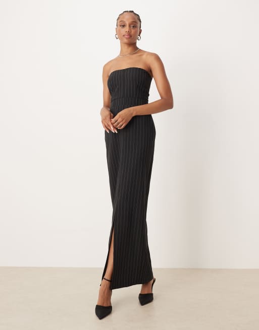 ASOS DESIGN bandeau maxi dress with front slit in black stripes