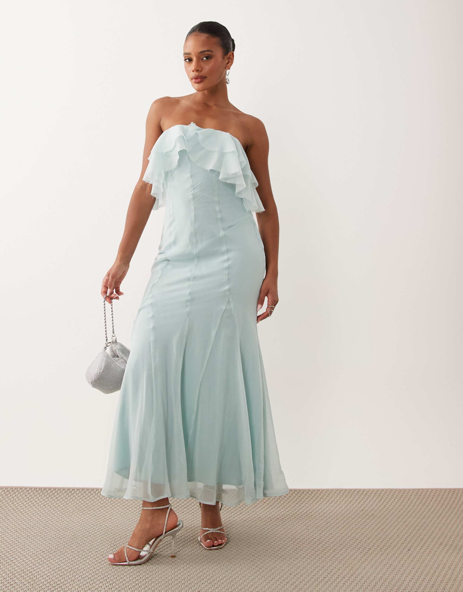 asos design bandeau maxi dress with godet hem in pale blue