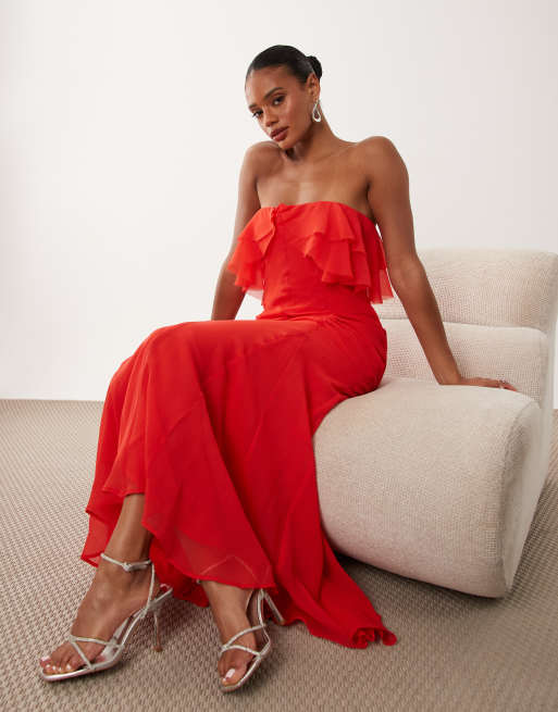 ASOS DESIGN bandeau maxi dress with godet hem in red, 2 of 4