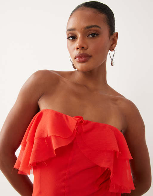 ASOS DESIGN bandeau maxi dress with godet hem in red, 3 of 4
