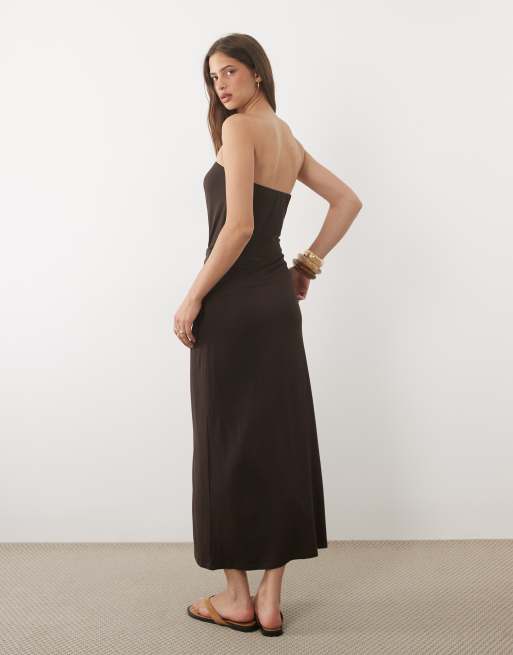 ASOS DESIGN bandeau maxi dress with gold trim detail in chocolate, 3 of 4