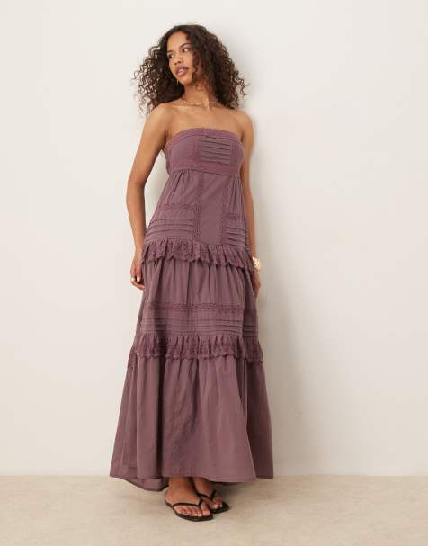 ASOS DESIGN bandeau maxi dress with pintucks and lace tiers in deep grape - view 1