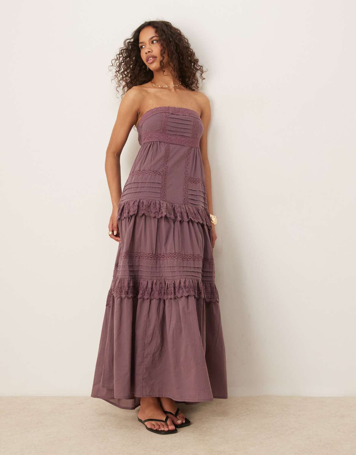 ASOS DESIGN bandeau maxi dress with pintucks and lace tiers in deep grape