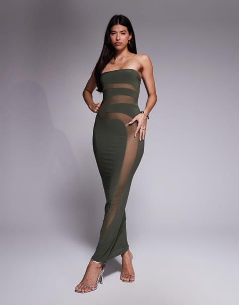 ASOS DESIGN bandeau maxi dress with sculpting detail in khaki - view 1