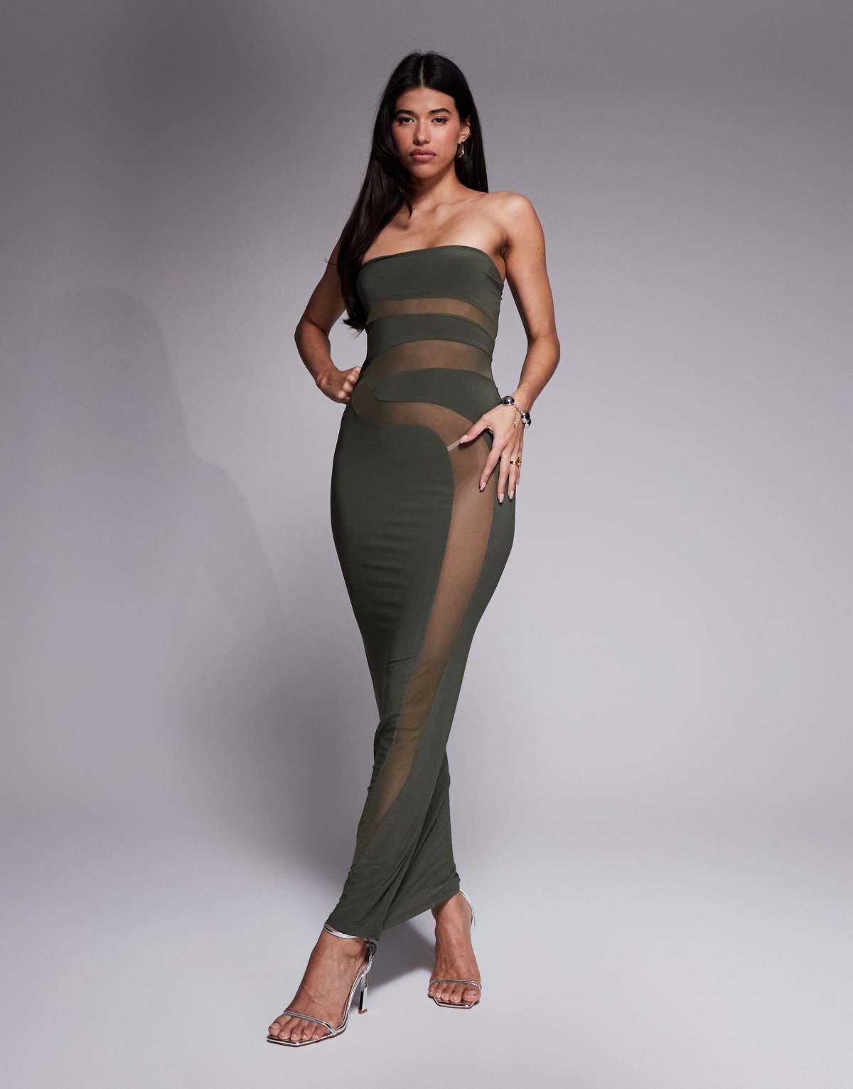 ASOS DESIGN bandeau maxi dress with sculpting detail in khaki