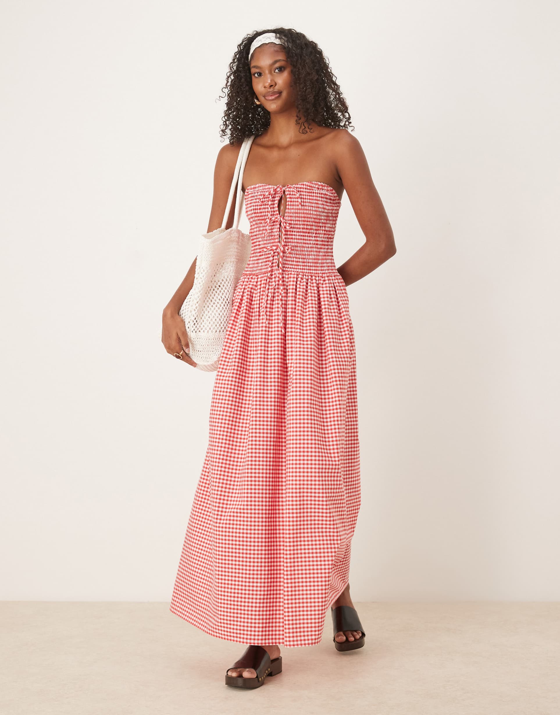 asos design bandeau maxi dress with shirred bodice and tie detail in red gingham print